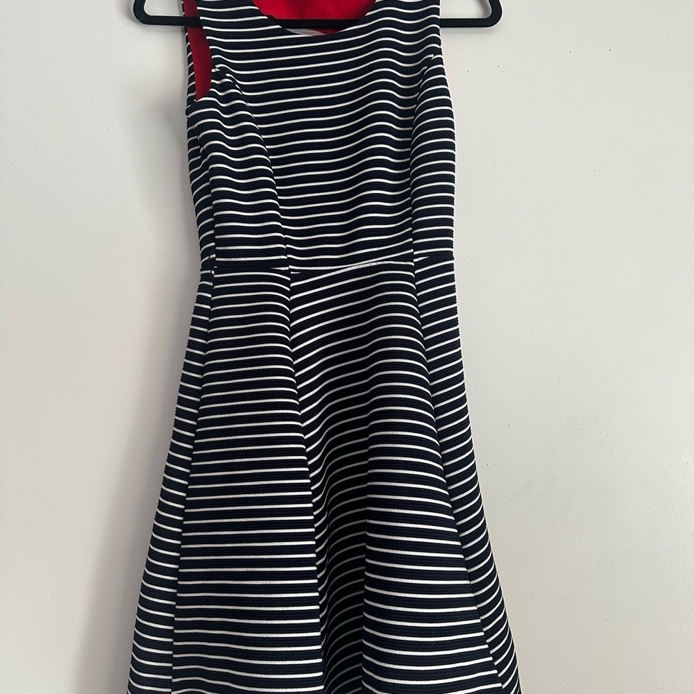 Suzy Shier Black and White Striped Midi Dress